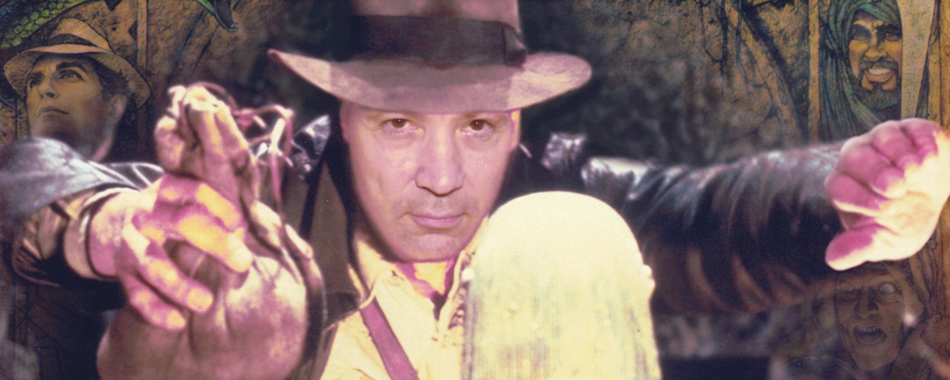 The author posed as Indiana Jones in the movie poster for "Raiders of the Lost Arc"