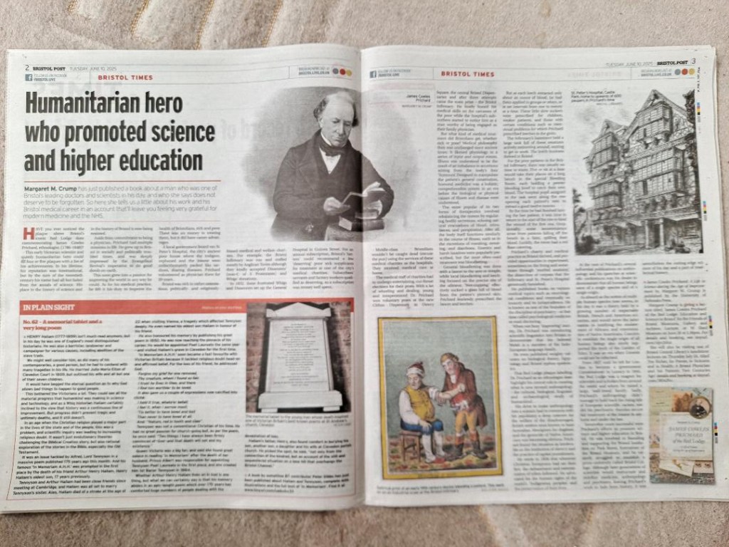 "Humanitarian hero who promoted science and higher education" by Margaret Crump featured in a two-page spread in the BRISTOL POST.